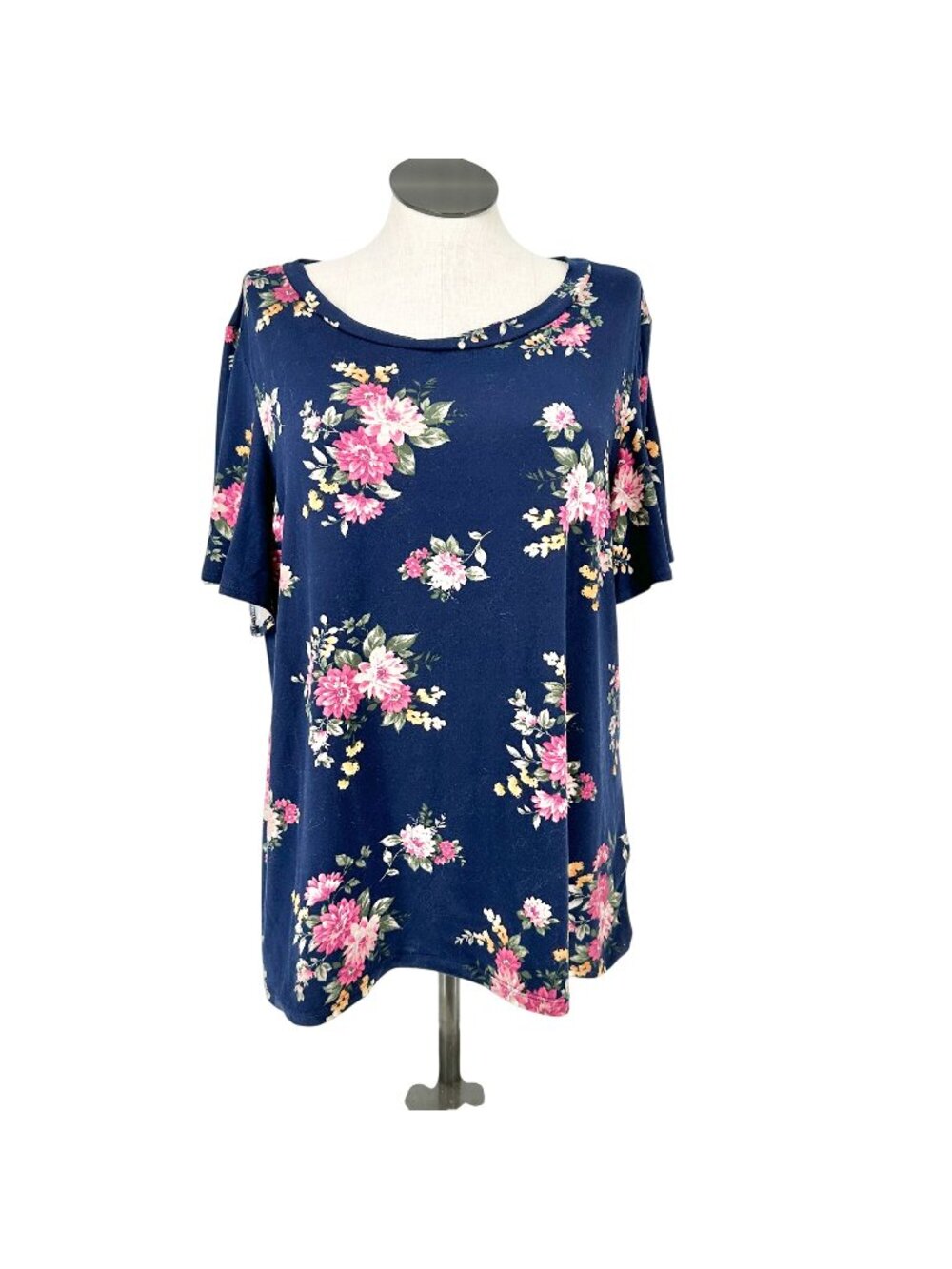 Mikarose Ruffle Sleeve Floral Top Navy Mauve 3X Short Sleeve Poly Spandex Blend